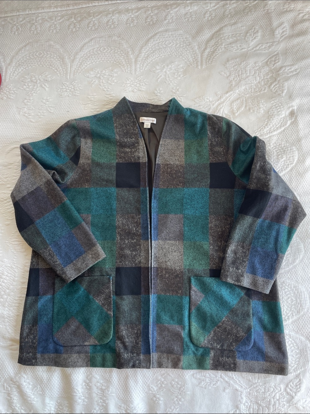 Coldwater Creek Teal & Forest Green Plaid Size 3X Open-Front Cardigan Jacket - Picture 4 of 9